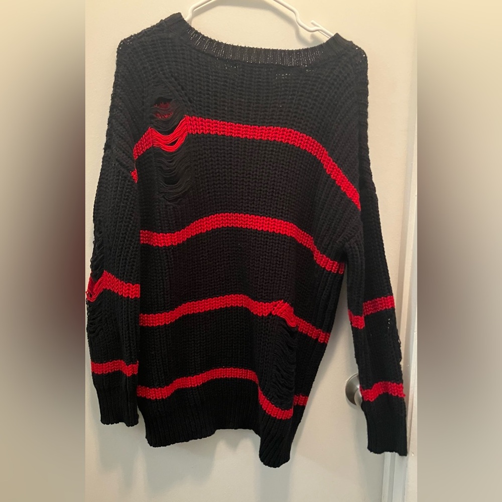 Forever 21 Black and Red Distressed Striped Sweater